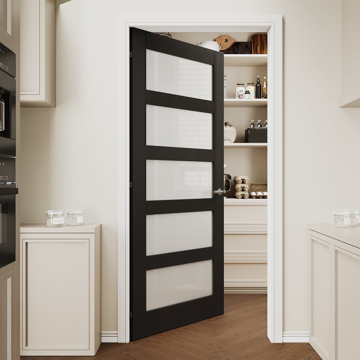 CRUTOP 5 lite Frosted Glass Interior Slab Door, Black Prefinished Door with/without Prehung Kit, Paintable
