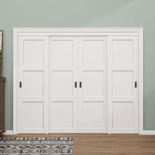 CRUTOP 3 -Lite Panel Paintable Sliding Closet Door for Bedroom/Closet/Barn - Assemble Required, Solid Core & Primed Water-Resistant Panels, Build Quality & Easy to Install (Black non-grooved door handle)