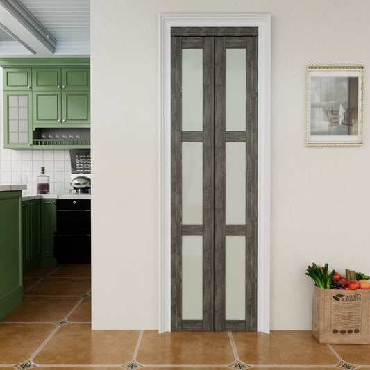CRUTOP 3-Lite Frosted Glass Bifold Door, Build Quality Panels with Water&Scratch-Resistant Surface, Solid Core, Interior Closet & Pantry Door (Panels&Hardware&Fascia&Knob) ,Ancient Wood