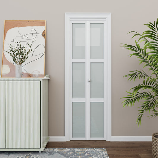 CRUTOP Bi-Fold Pivot Doors , 3-Lite Tempered Frosted Glass Closet Door with Hardware Kit, MDF Panel Folding Interior Double Doors Easy to Install - White (Paintable)