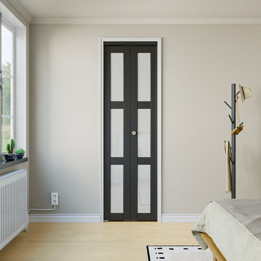 CRUTOP 3-Lite Frosted Glass Bifold Door, Build Quality Panels with Water&Scratch-Resistant Surface, Solid Core, Interior Closet & Pantry Door (Panels&Hardware&Fascia&Knob) , Black
