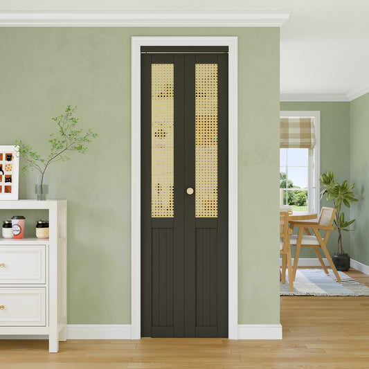 CRUTOP Rattan Bifold Closet Door, Cane Webbing Wood Interior Wicker Doors Slab, Build Quality Black Folding Barn Door (Panels & Hardware & Fascia & Knob),Black