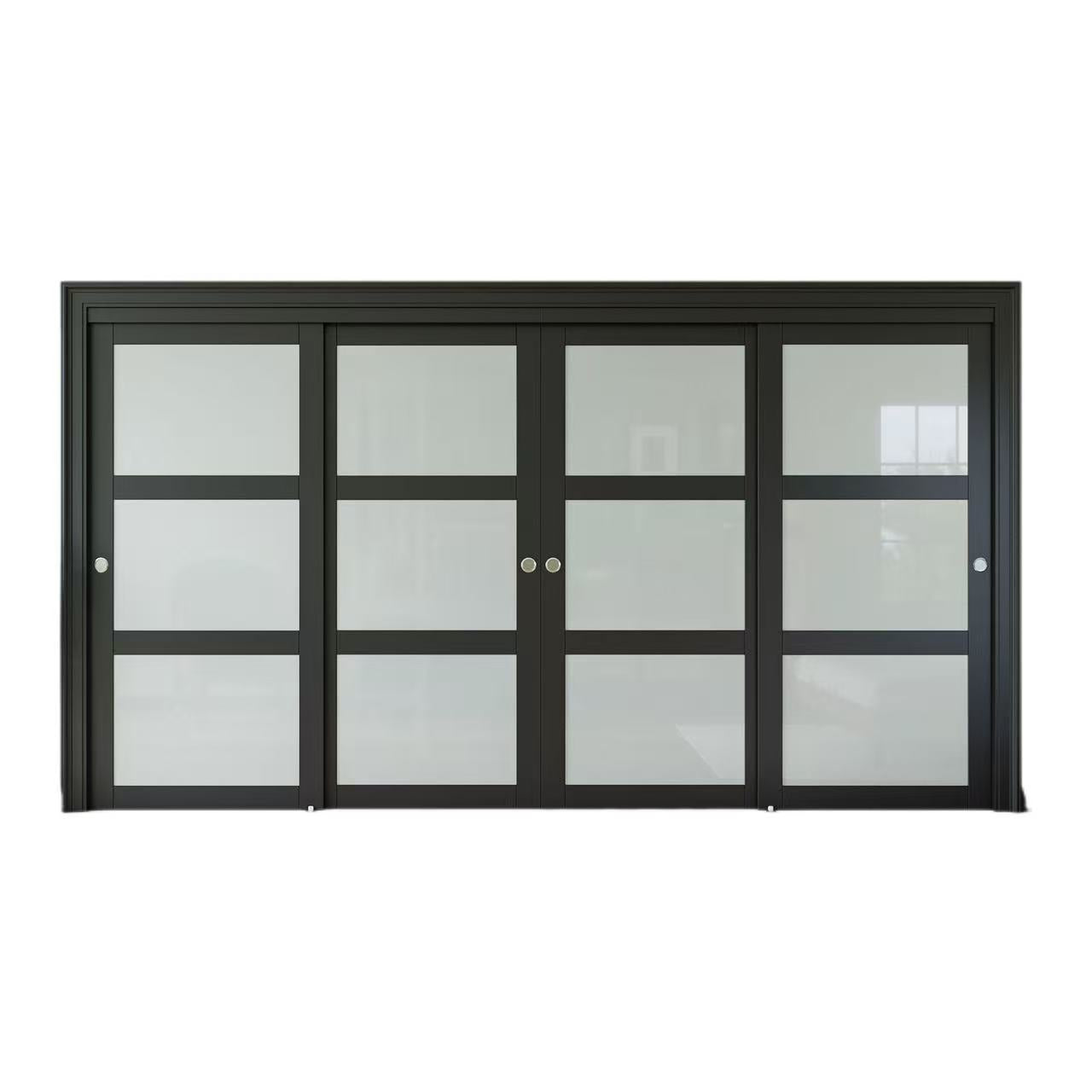 CRUTOP Sliding Closet Door, Fingerprint-Resistant 3-Lite Tempered Frosted Glass with Good Privacy & Water-Resistant Frame, Build Quality ( Pre-assembled Panels with Hardware Kit),Black