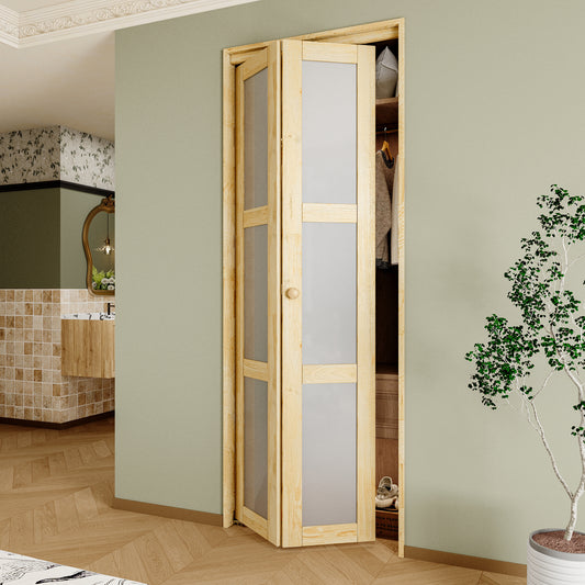 CRUTOP Bi-Fold Pivot Doors , 3-Lite Closet Door with Hardware Kit, MDF Panel Folding Interior Double Doors Easy to Install - Pine