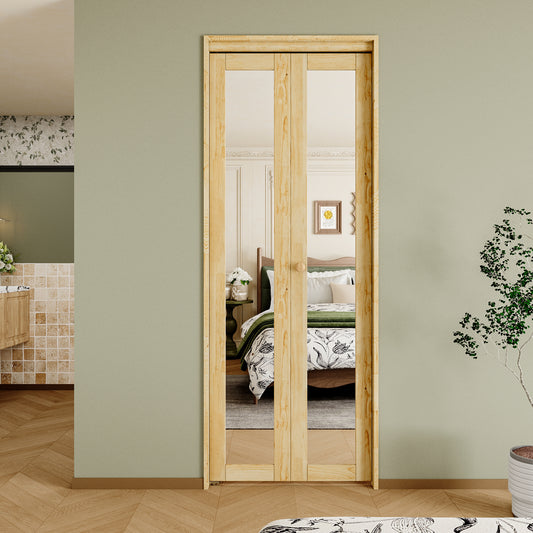 CRUTOP Mirrored Bifold Doors, Pine Wood One Side Mirror Door with Water&Scratch-Resistant Surface, Interior Closet & Pantry Door (Panels&Hardware&Fascia&Knob)