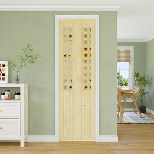 CRUTOP Rattan Bifold Closet Door, Cane Webbing Wood Interior Wicker Doors Slab, Build Quality Folding Barn Door ( Panels & Hardware & Fascia & Knob),Pane