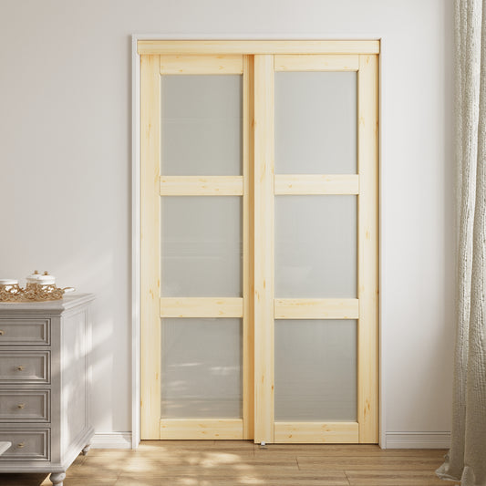 CRUTOP Pine Wood Sliding Closet Door, Fingerprint-Resistant 3-Lite Tempered Frosted Glass with Good Privacy & Water-Resistant Frame, Build Quality (Pre-assembled Panels with Hardware Kit)