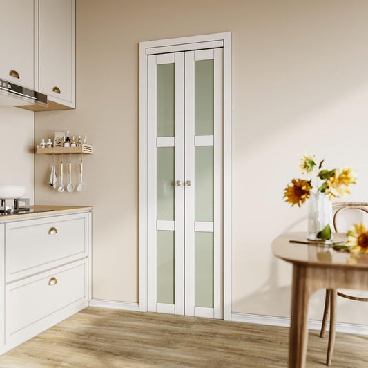 CRUTOP Bi-Fold Pivot Doors , 3-Lite Tempered Frosted Glass Closet Door with Hardware Kit, MDF Panel Folding Interior Double Doors Easy to Install - White