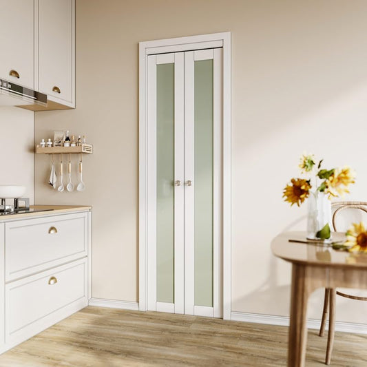 CRUTOP Bi-Fold Pivot Doors , Tempered Frosted Glass Closet Door with Hardware Kit, MDF Panel Folding Interior Double Doors Easy to Install - White
