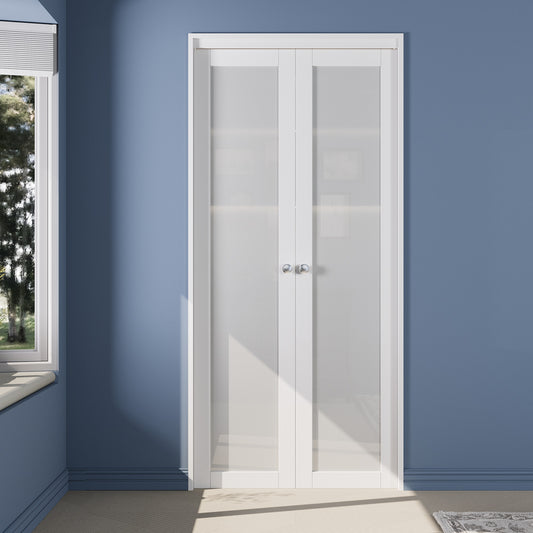 CRUTOP 1-Lite Tempered Frosted Glass Pivot Swing Door for Pantry Laundry with Pivot Hardware, Double Doors for Closet, Bifold Door Alternative - White