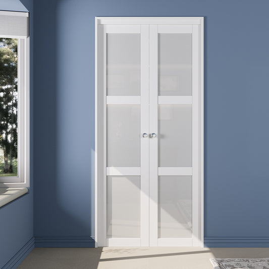 CRUTOP 3-Lite Tempered Frosted Glass Pivot Swing Door for Pantry Laundry with Pivot Hardware, Double Doors for Closet, Bifold Door Alternative - White