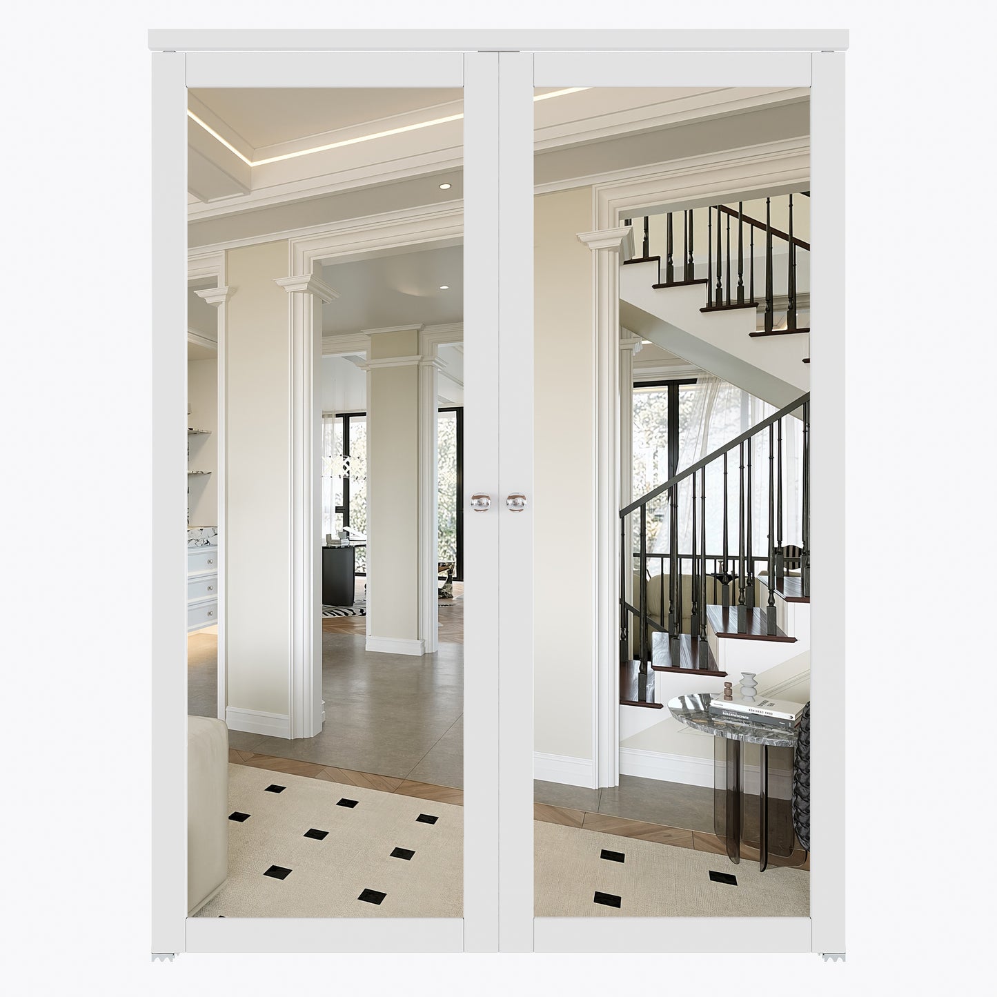 CRUTOP One Side Mirror Pivot Swing Door for Pantry Laundry with Pivot Hardware, Double Doors for Closet, Bifold Door Alternative - White