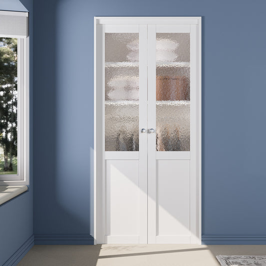 CRUTOP 1-Lite Rippled Glass Pivot Swing Door for Pantry Laundry with Pivot Hardware, Double Solid Core Doors for Closet, Bifold Door Alternative - White