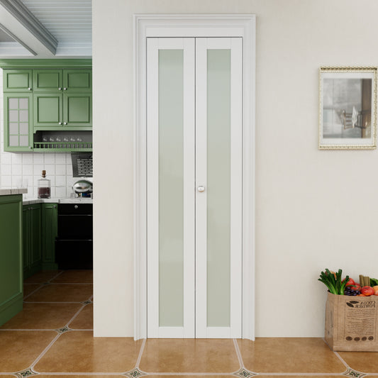CRUTOP 1-Lite Frosted Glass Bifold Door, Build Quality Panels with Water&Scratch-Resistant Surface, Solid Core, Interior Closet & Pantry Door (Panels&Hardware&Fascia&Knob)
