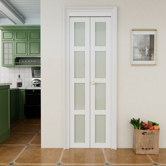 CRUTOP Bi-Fold Pivot Doors , 4-Lite Tempered Frosted Glass Closet Door with Hardware Kit, MDF Panel Folding Interior Double Doors Easy to Install - White