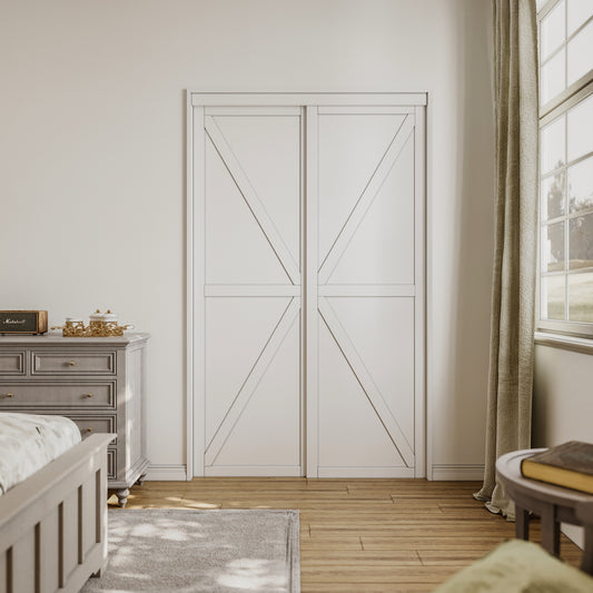 CRUTOP Sliding Closet Door, Water-Resistant Wood Texture Surface & Solid Core, K Shape Design, Build Quality & Easy to Install( Pre-Assembled Panels with Hardware Kit)