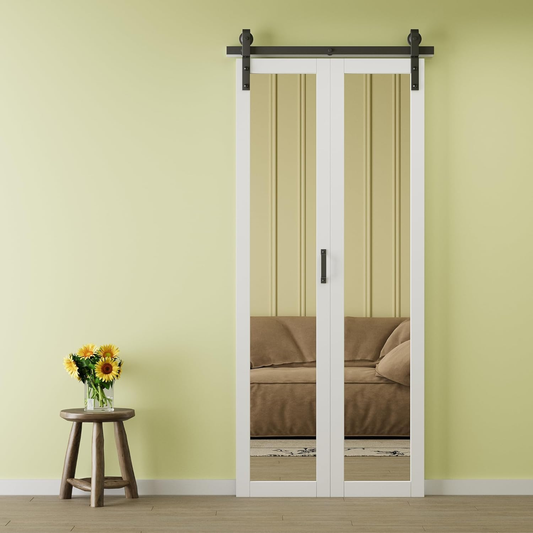 Crutop One Side Mirror Bifold Barn Door, Preassembled Panels with Hardware Kit & Handle, No Requiry Assemble Panels, Solid Core MDF Wood & Prefinished & Paintable
