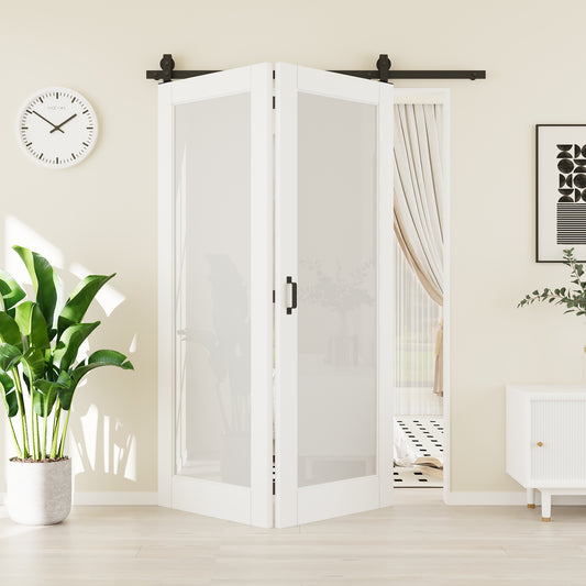CRUTOP Tempered Frosted Glass Bifold Barn Door, Paintable Surface,White Prefinished Solid MDF Wood Panel with Hardware Kit & Handle & Floor Guide