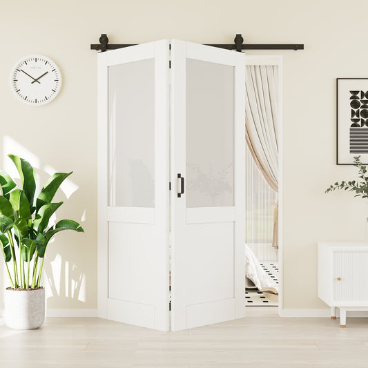 CRUTOP Half Lite Tempered Frosted Glass Bifold Barn Door, Paintable Surface,White Prefinished Solid MDF Wood Panel with Hardware Kit & Handle & Floor Guide