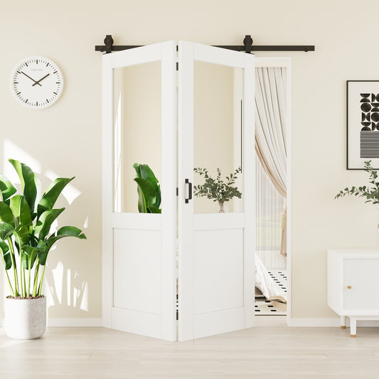 CRUTOP Half Mirror Panel Bifold Barn Door, Paintable Surface,White Prefinished Solid MDF Wood Panel with Hardware Kit & Handle & Floor Guide
