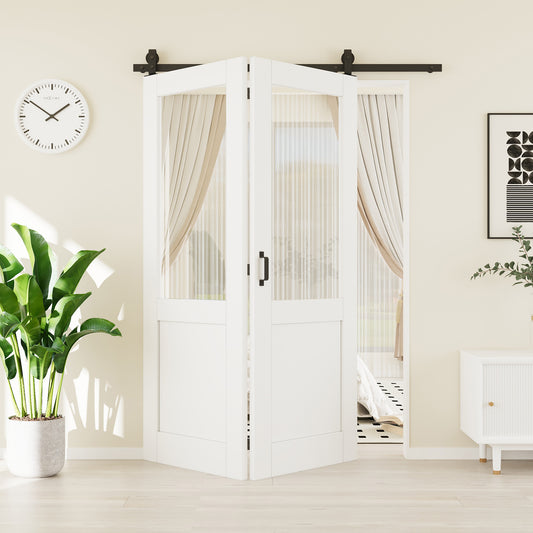 CRUTOP Half Lite Tempered Clear Glass Bifold Barn Door, Paintable Surface,White Prefinished Solid MDF Wood Panel with Hardware Kit & Handle & Floor Guide