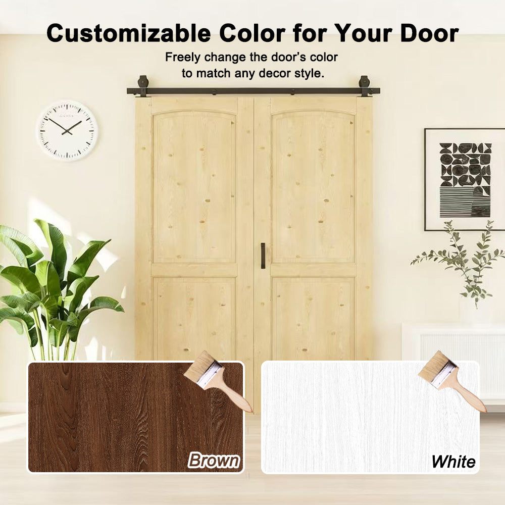 CRUTOP Tempered Frosted Glass Pine Wood Bifold Barn Door, Unfinished Paint-ready Surface Panel with Hardware Kit & Handle & Floor Guide