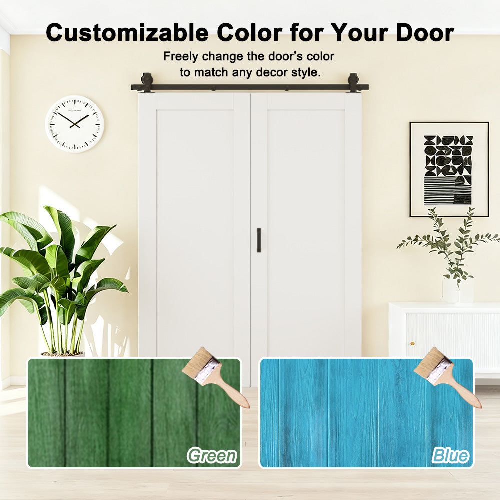 CRUTOP Tempered Clear Glass Bifold Barn Door, Paintable Surface,White Prefinished Solid MDF Wood Panel with Hardware Kit & Handle & Floor Guide