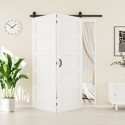 CRUTOP 5-Lite Solid Core Panel Bifold Barn Door, Paintable Surface,White Prefinished Solid MDF Wood Panel with Hardware Kit & Handle & Floor Guide