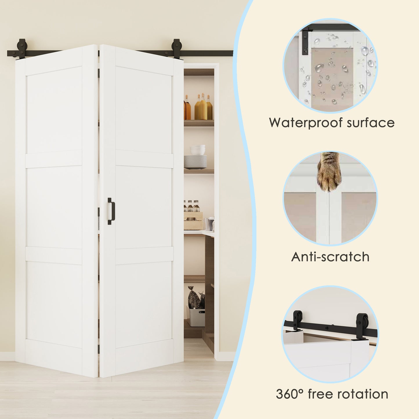 CRUTOP Half Mirror Panel Bifold Barn Door, Paintable Surface,White Prefinished Solid MDF Wood Panel with Hardware Kit & Handle & Floor Guide