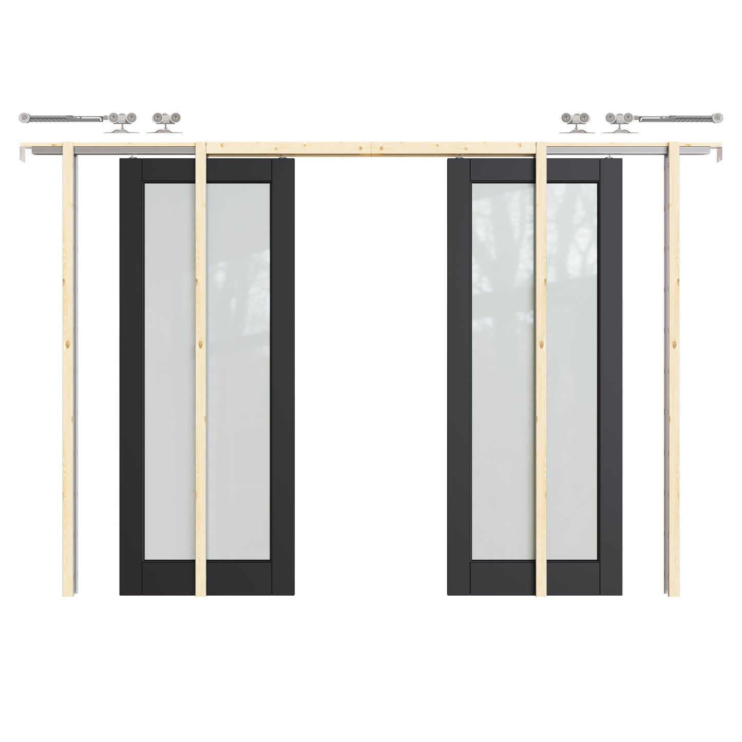 CRUTOP 1-Lite Tempered Frosted Glass Pocket Door, Black Interior Sliding Doors with Hardware Kit & Soft Close & Frame, Solid Core MDF Wood & Finished Paintable Surface