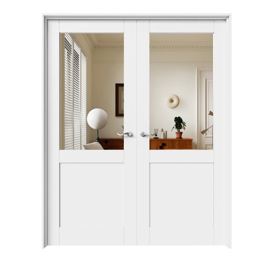 CRUTOP Half-Lite Mirror White Solid Core Double Prehung French Door with Ready-to-Assemble Jamb, Silver Hardware Prehung