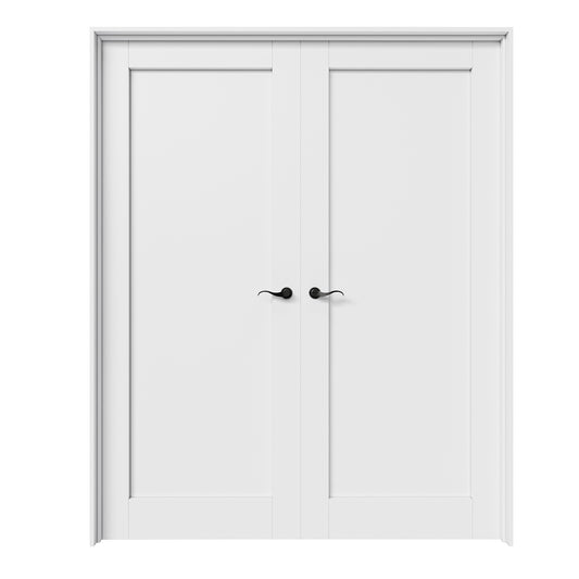 CRUTOP 1-Lite Panel White Solid Core Double Prehung French Door with Ready-to-Assemble Jamb,Black Hardware Prehung