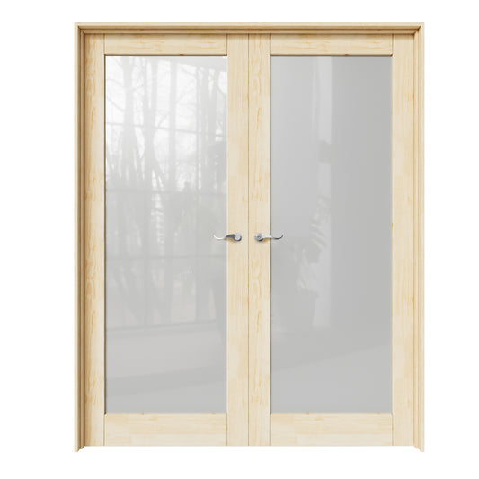 CRUTOP 1-Lite Frosted Glass Pine Wood Solid Core Double Prehung French Door with Ready-to-Assemble Jamb, Unfinished, Silver Hardware Prehung