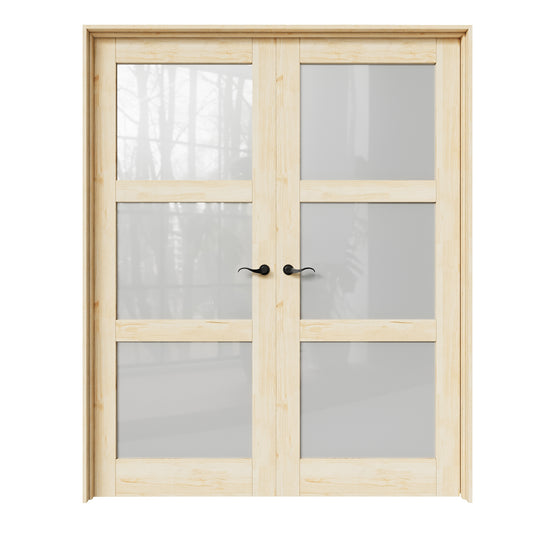 CRUTOP 3-Lite Frosted Glass Pine Wood Solid Core Double Prehung French Door with Ready-to-Assemble Jamb, Unfinished, Black Hardware Prehung