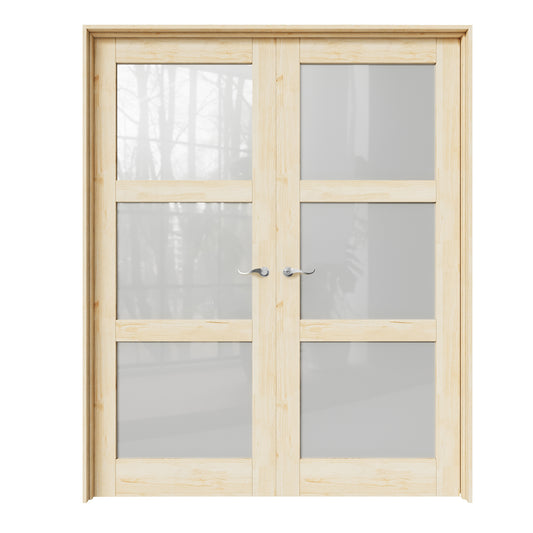 CRUTOP 3-Lite Frosted Glass Pine Wood Solid Core Double Prehung French Door with Ready-to-Assemble Jamb, Unfinished, Silver Hardware Prehung