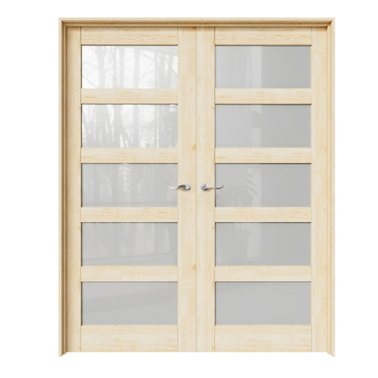 CRUTOP 5-Lite Frosted Glass Pine Wood Solid Core Double Prehung French Door with Ready-to-Assemble Jamb, Unfinished, Silver Hardware Prehung