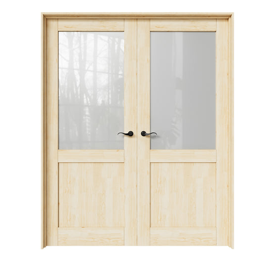 CRUTOP Half-Lite Frosted Glass Pine Wood Solid Core Double Prehung French Door with Ready-to-Assemble Jamb, Unfinished, Black Hardware Prehung
