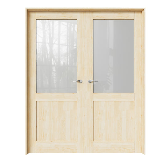 CRUTOP Half-Lite Frosted Glass Pine Wood Solid Core Double Prehung French Door with Ready-to-Assemble Jamb, Unfinished, Silver Hardware Prehung