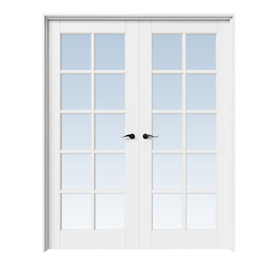 CRUTOP 10-Lite Clear Glass White Solid Core Double Prehung French Door with Ready-to-Assemble Jamb,Black Hardware Prehung
