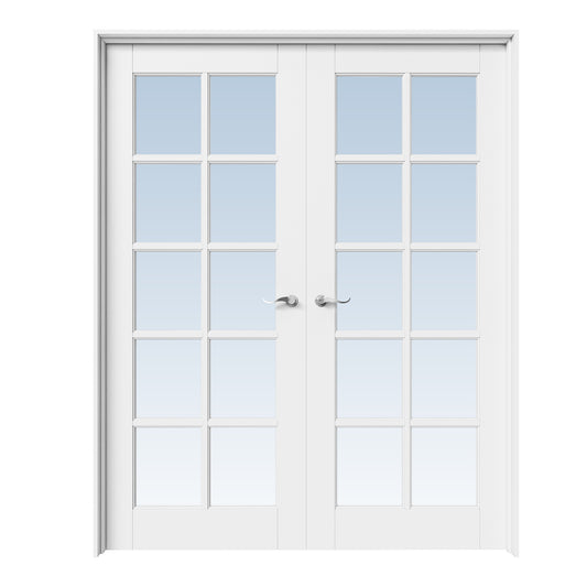 CRUTOP 10-Lite Clear Glass White Solid Core Double Prehung French Door with Ready-to-Assemble Jamb, Silver Hardware Prehung
