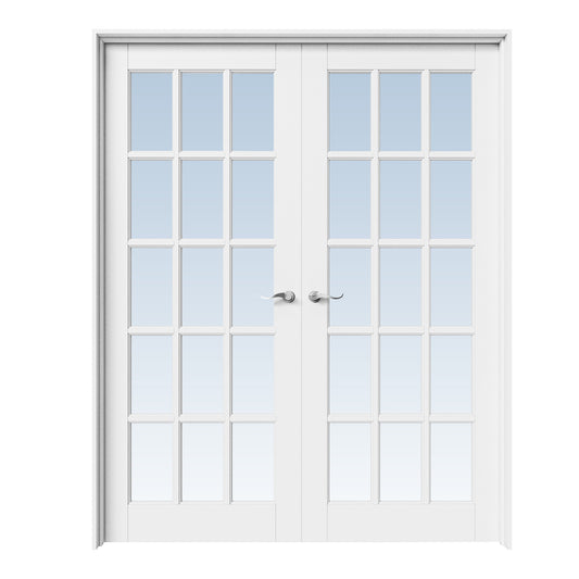 CRUTOP 15-Lite Clear Glass White Solid Core Double Prehung French Door with Ready-to-Assemble Jamb, Silver Hardware Prehung