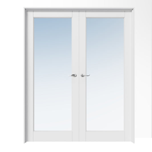 CRUTOP 1-Lite Clear Glass White Solid Core Double Prehung French Door with Ready-to-Assemble Jamb, Silver Hardware Prehung