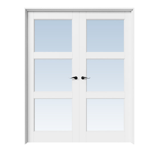 CRUTOP 3-Lite Clear Glass White Solid Core Double Prehung French Door with Ready-to-Assemble Jamb,Black Hardware Prehung