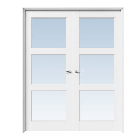 CRUTOP 3-Lite Clear Glass White Solid Core Double Prehung French Door with Ready-to-Assemble Jamb, Silver Hardware Prehung