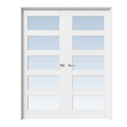 CRUTOP 5-Lite Clear Glass White Solid Core Double Prehung French Door with Ready-to-Assemble Jamb, Silver Hardware Prehung