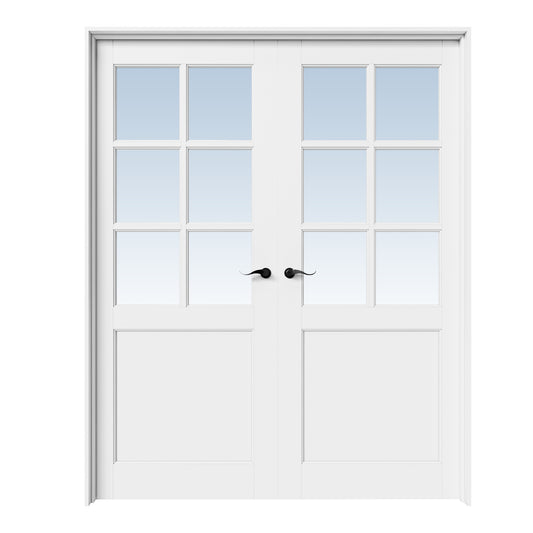 CRUTOP 6-Lite Clear Glass White Solid Core Double Prehung French Door with Ready-to-Assemble Jamb,Black Hardware Prehung