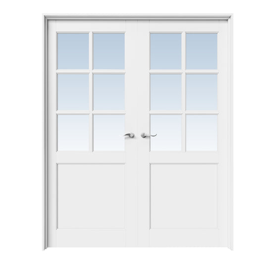 CRUTOP 6-Lite Clear Glass White Solid Core Double Prehung French Door with Ready-to-Assemble Jamb, Silver Hardware Prehung