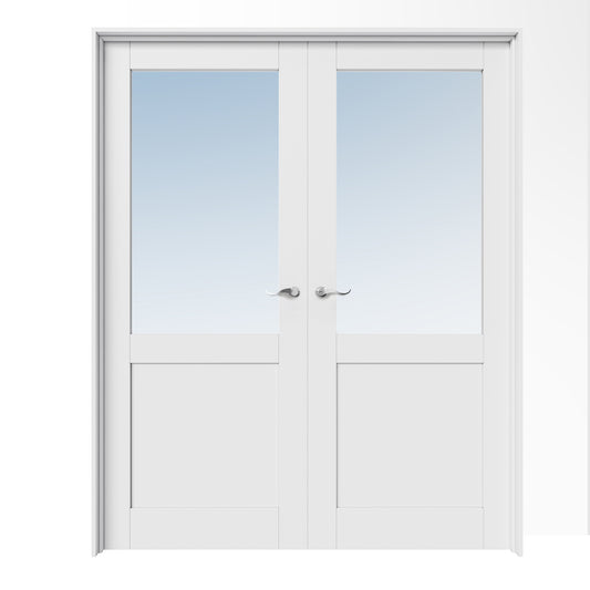 CRUTOP Half-Lite Clear Glass White Solid Core Double Prehung French Door with Ready-to-Assemble Jamb, Silver Hardware Prehung