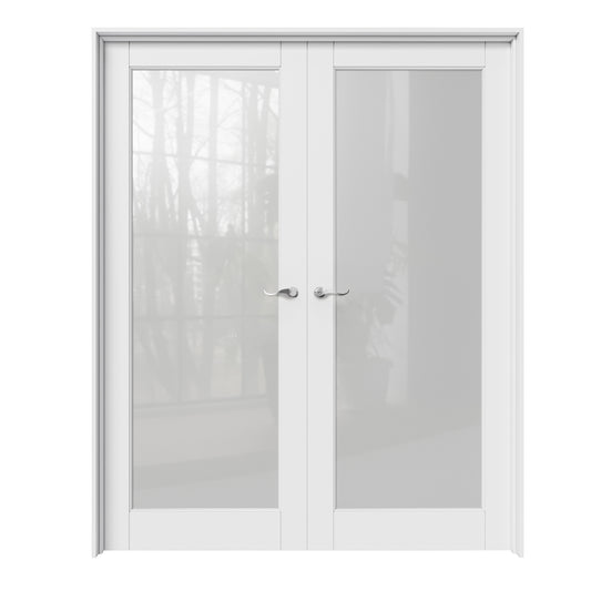 CRUTOP 1-Lite Frosted Glass White Solid Core Double Prehung French Door with Ready-to-Assemble Jamb, Silver Hardware Prehung
