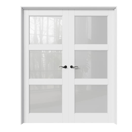 CRUTOP 3-Lite Frosted Glass White Solid Core Double Prehung French Door with Ready-to-Assemble Jamb,Black Hardware Prehung